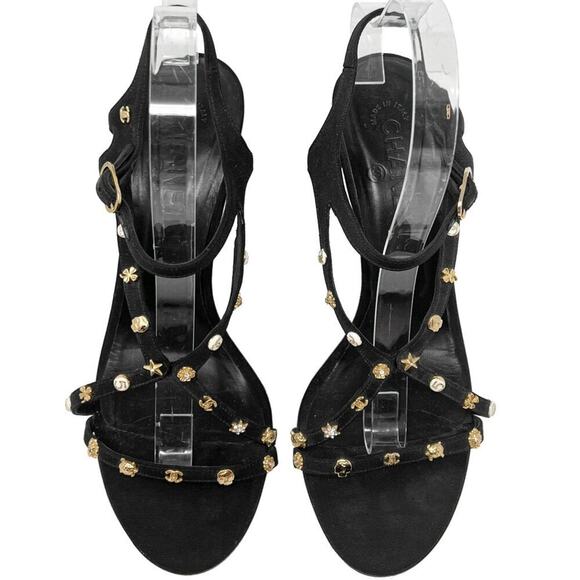 Chanel Black Embellished Strappy Heels 41 Gold Icon Studs Karl Lagerfeld Era - Picture 3 of 10